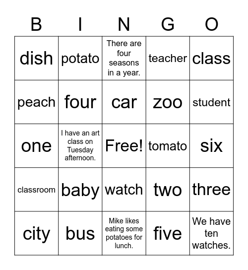 VanThink Grammar 1 Unit 2 Bingo Card