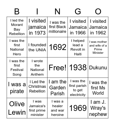 Jamaican History Bingo Card