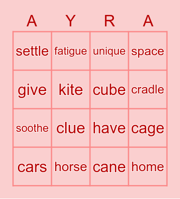 Ayra's SILENT E BINGO Card