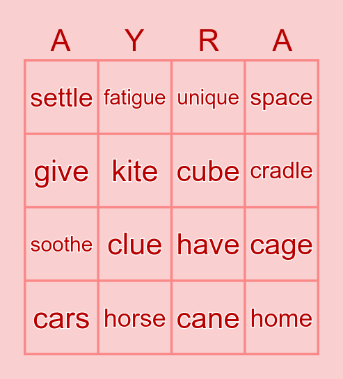 Ayra's SILENT E BINGO Card