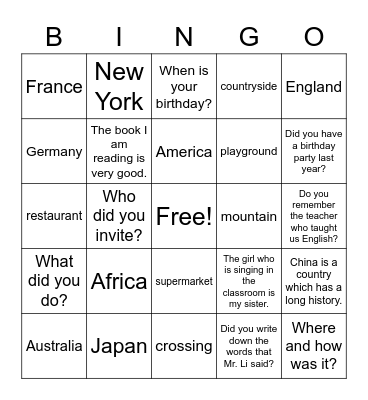 LIYA Unit 8 Birthday Bingo Card