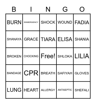 First Aid Bingo Card