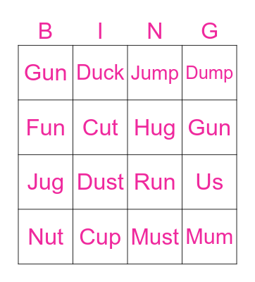 Short U sound Bingo Card