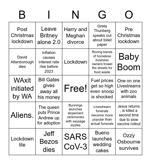 Bingo 2021 Bingo Card