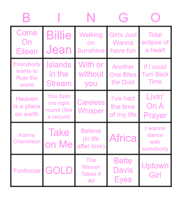 80s Songs Bingo Card