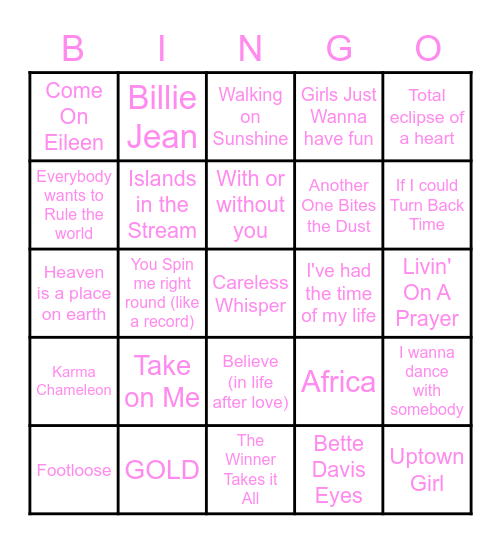 80s Songs Bingo Card