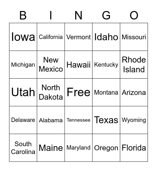 States Bingo Card