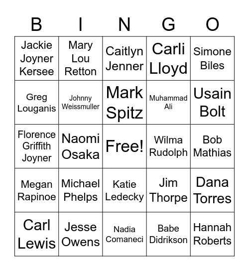 Olympic  Athletes Bingo Card