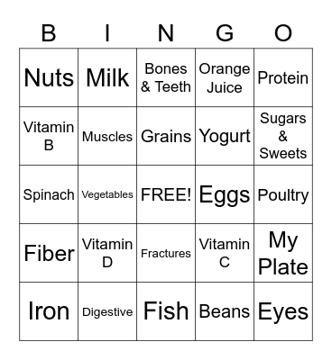 Nutrition Bingo Card