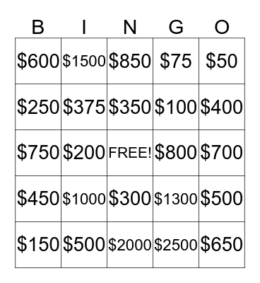 MSI MONEY BINGO Card