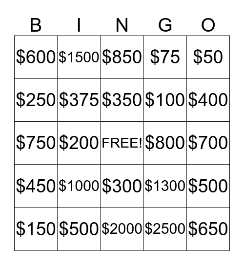 MSI MONEY BINGO Card