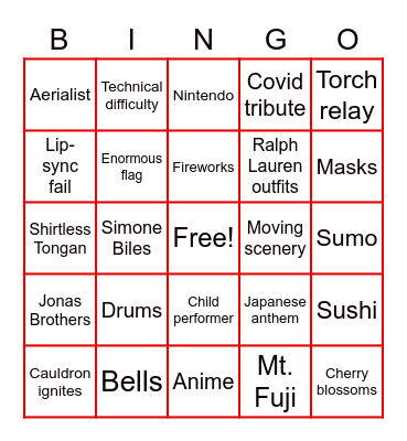 2021 Opening Ceremony BINGO Card