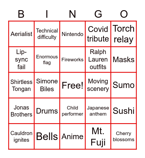 2021 Opening Ceremony BINGO Card