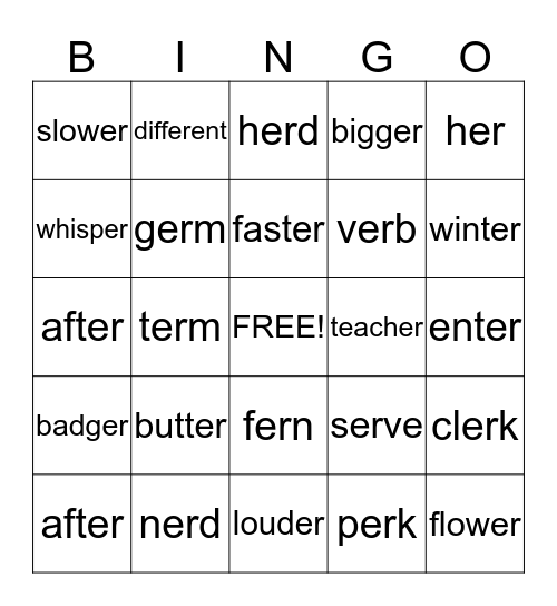er words Bingo Card
