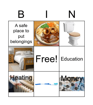 Things that the homeless don't have Bingo Card