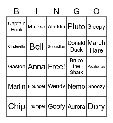 DISNEY CHARACTERS Bingo Card