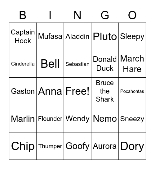 DISNEY CHARACTERS Bingo Card