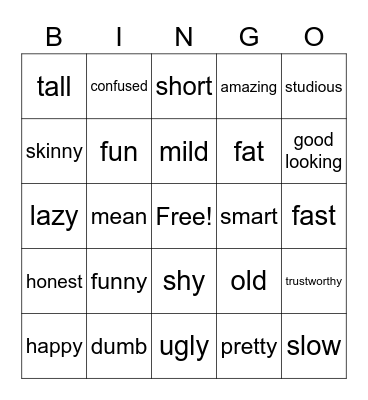 Adjective Bingo Card