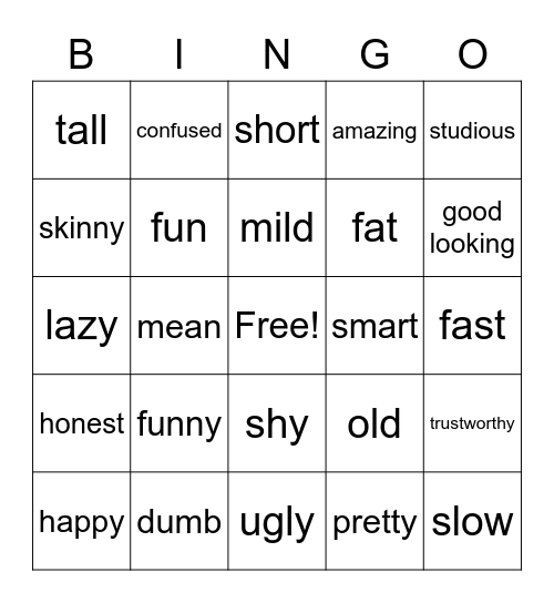 Adjective Bingo Card
