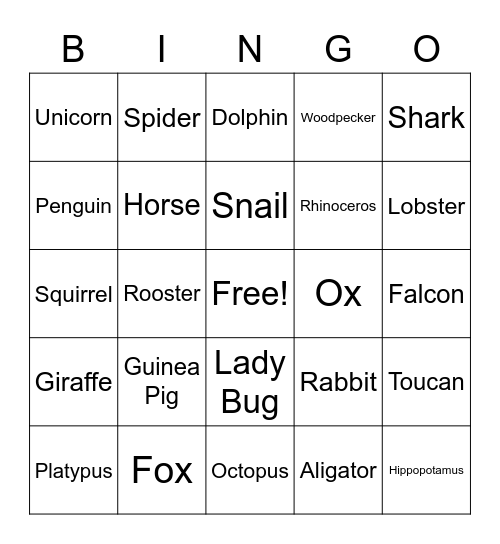 ANIMALS Bingo Card