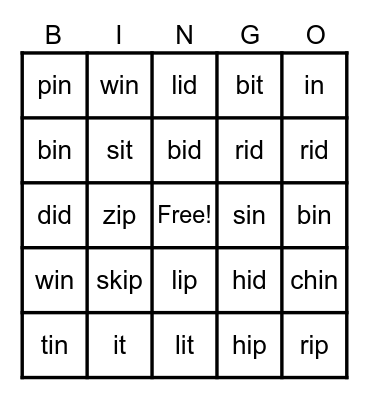 Short i Bingo Card