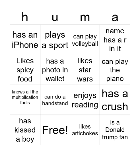Human bingo Card