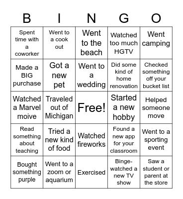 DCP-HW Summer Fun BINGO Card