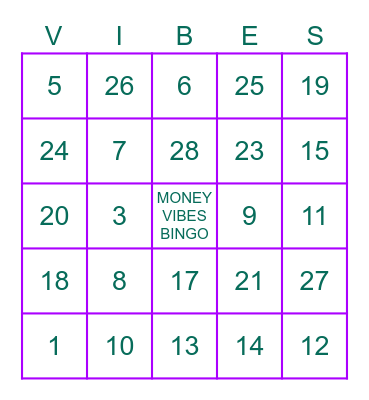 MONEY VIBES BINGO Card