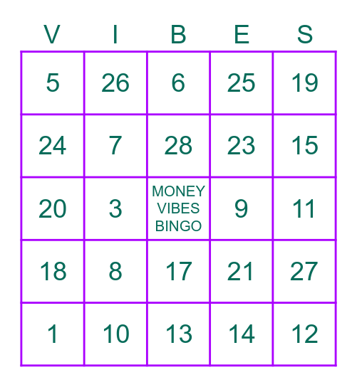 MONEY VIBES BINGO Card