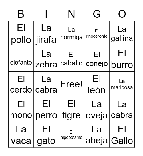 Los Animales Bingo Card
