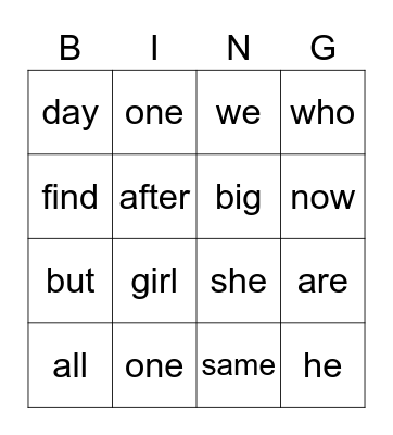 Sight Words Bingo Card