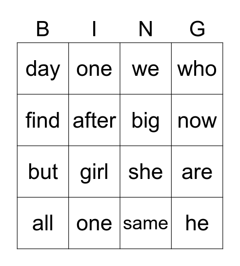 Sight Words Bingo Card