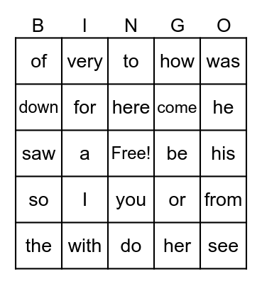 Heart Words Bingo Card