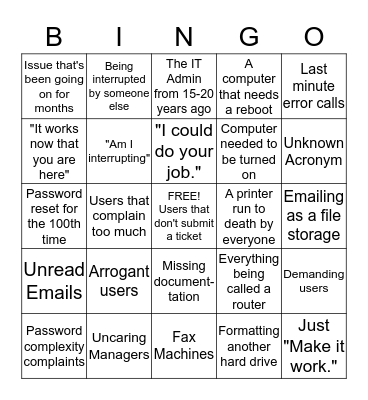 IT Daily Problems Bingo Card