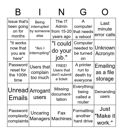 IT Daily Problems Bingo Card