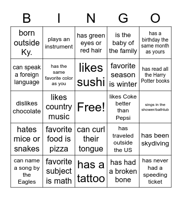 Get to Know U Bingo Card