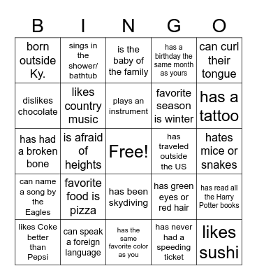 Get 2 Know U Bingo- Find Someone Who... Bingo Card