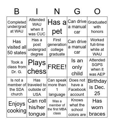 WAU SGPS Alumni  Bingo Card