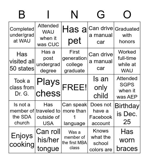 WAU SGPS Alumni  Bingo Card