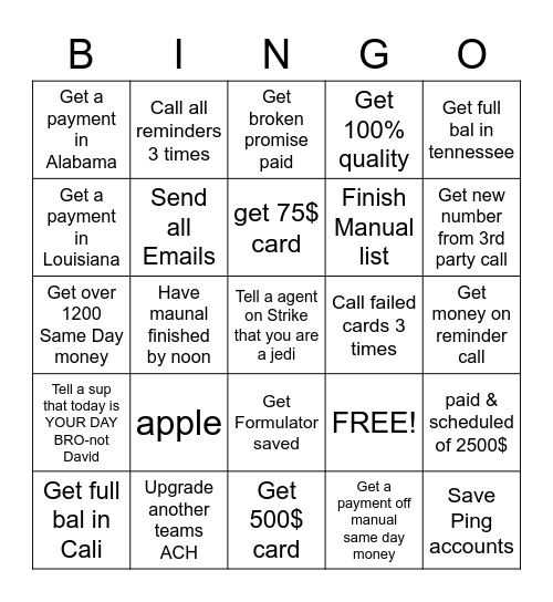Task Bingo Card