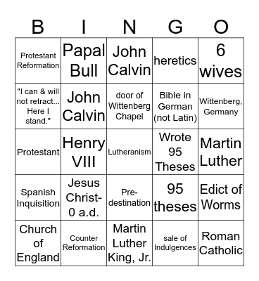 The Protestant Reformation Bingo Card