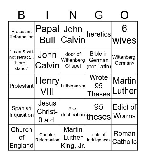 The Protestant Reformation Bingo Card