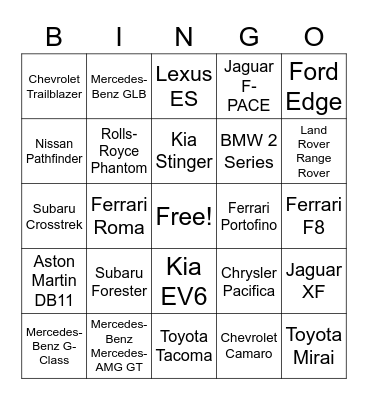 Road Trip Car Bingo 2 Bingo Card