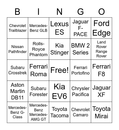 Road Trip Car Bingo 2 Bingo Card