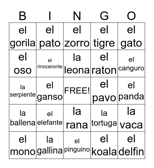Los Animales Bingo Card