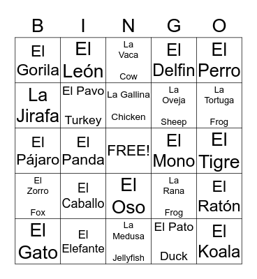 Los Animales Bingo Card