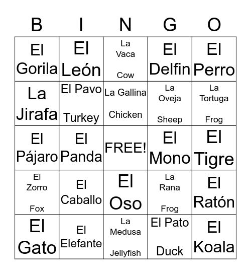 Los Animales Bingo Card