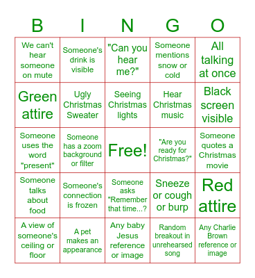 Family Christmas Zoom Call Bingo Card