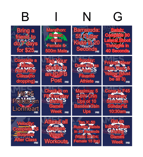 F45 Southwest Las Vegas Games Week Bingo Card