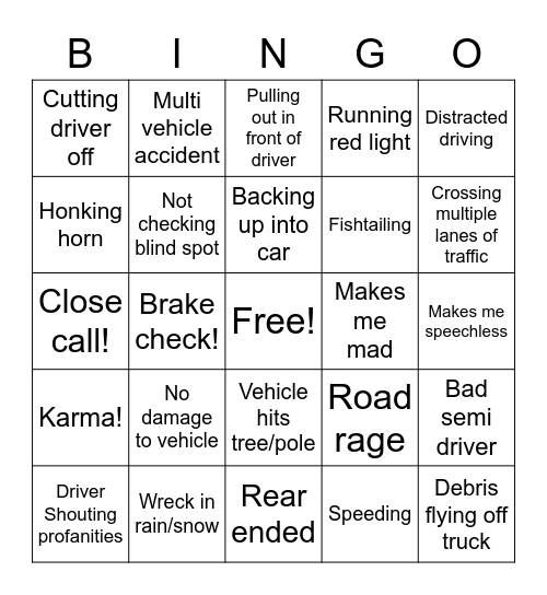 Bad Driving Bingo! Bingo Card